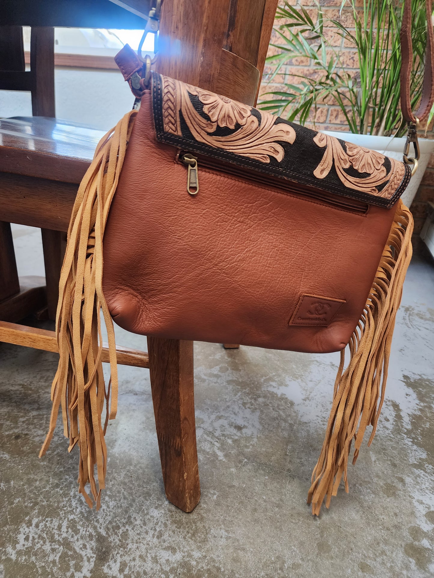 Detailed Tooled SHANIA Leather Fringe Cowhide Western Purse