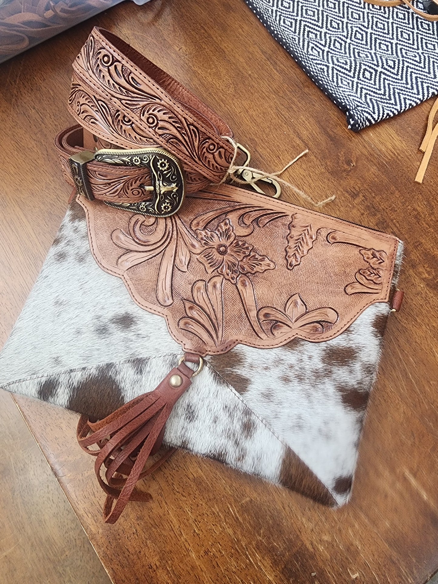 Tooled Leather REBA Western Cowhide Crossbody with Buckle