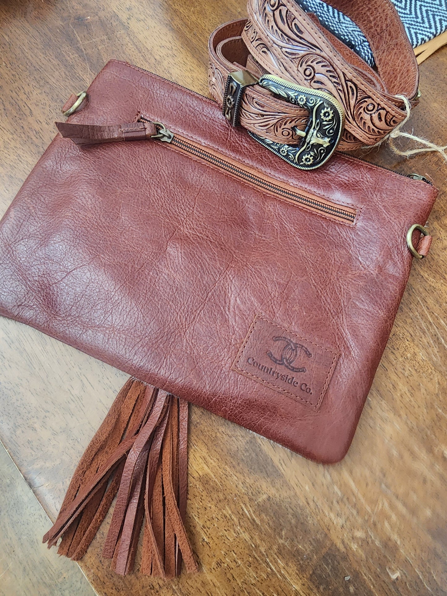 Tooled Leather REBA Western Cowhide Crossbody with Buckle