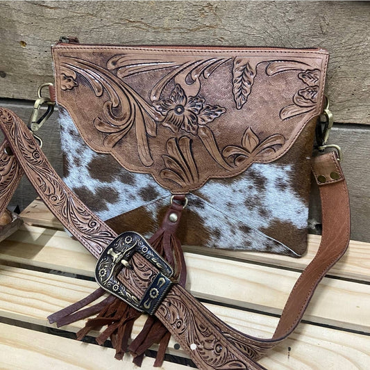 Tooled Leather REBA Western Cowhide Crossbody with Buckle