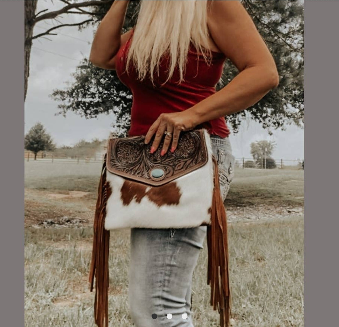 Cowhide Fringe DOLLY Western Clutch Purse Crossbody