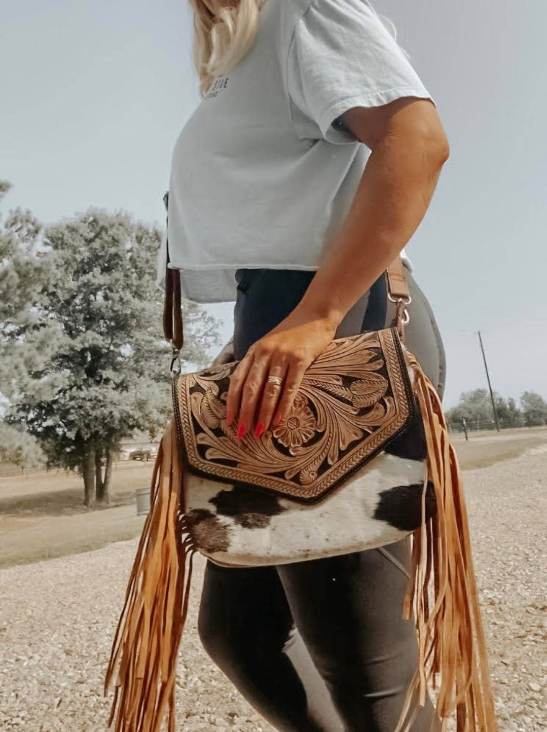 Detailed Tooled SHANIA Leather Fringe Cowhide Western Purse