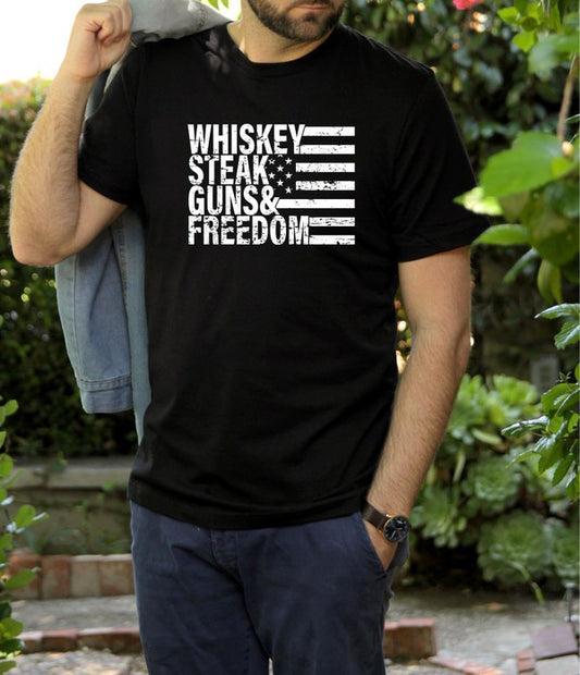 Unisex Black Whiskey, Steak, Guns & Freedom Tee