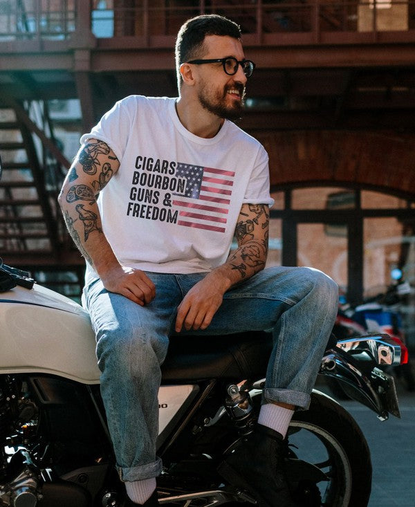 Unisex White Cigars, Bourbon, Guns & Freedom Tee