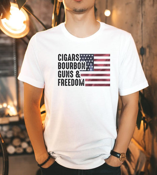 Unisex White Cigars, Bourbon, Guns & Freedom Tee