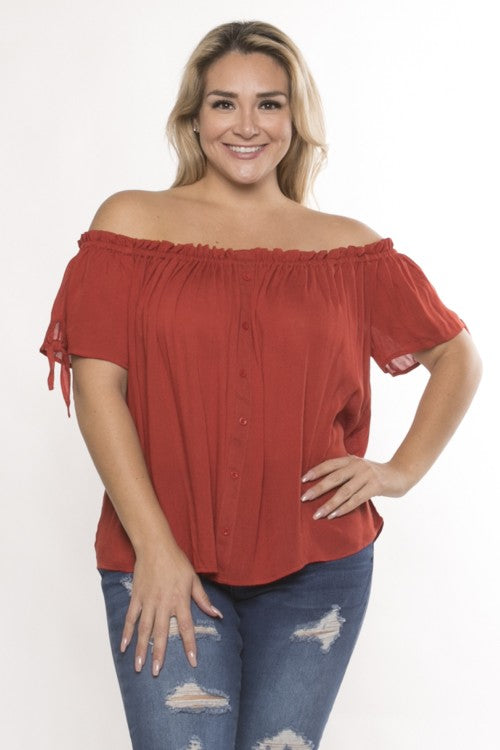 Curvy Black Off Shoulder Button Front Tie Sleeve Top