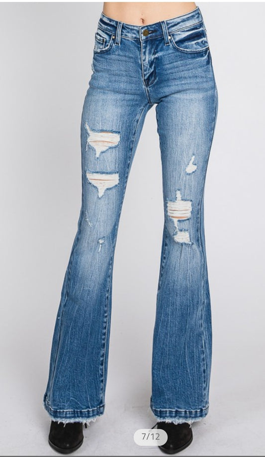 Mid Rise Distressed Bootcut Jean