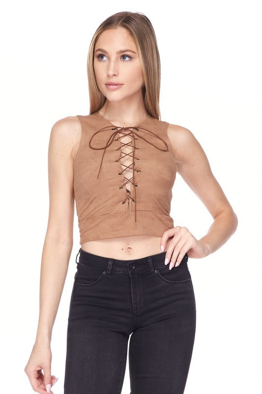 Mocha Lace Up Crop Top