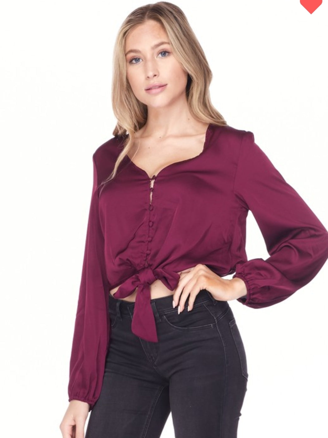 Long Sleeve Satin Feel Tie Front Top