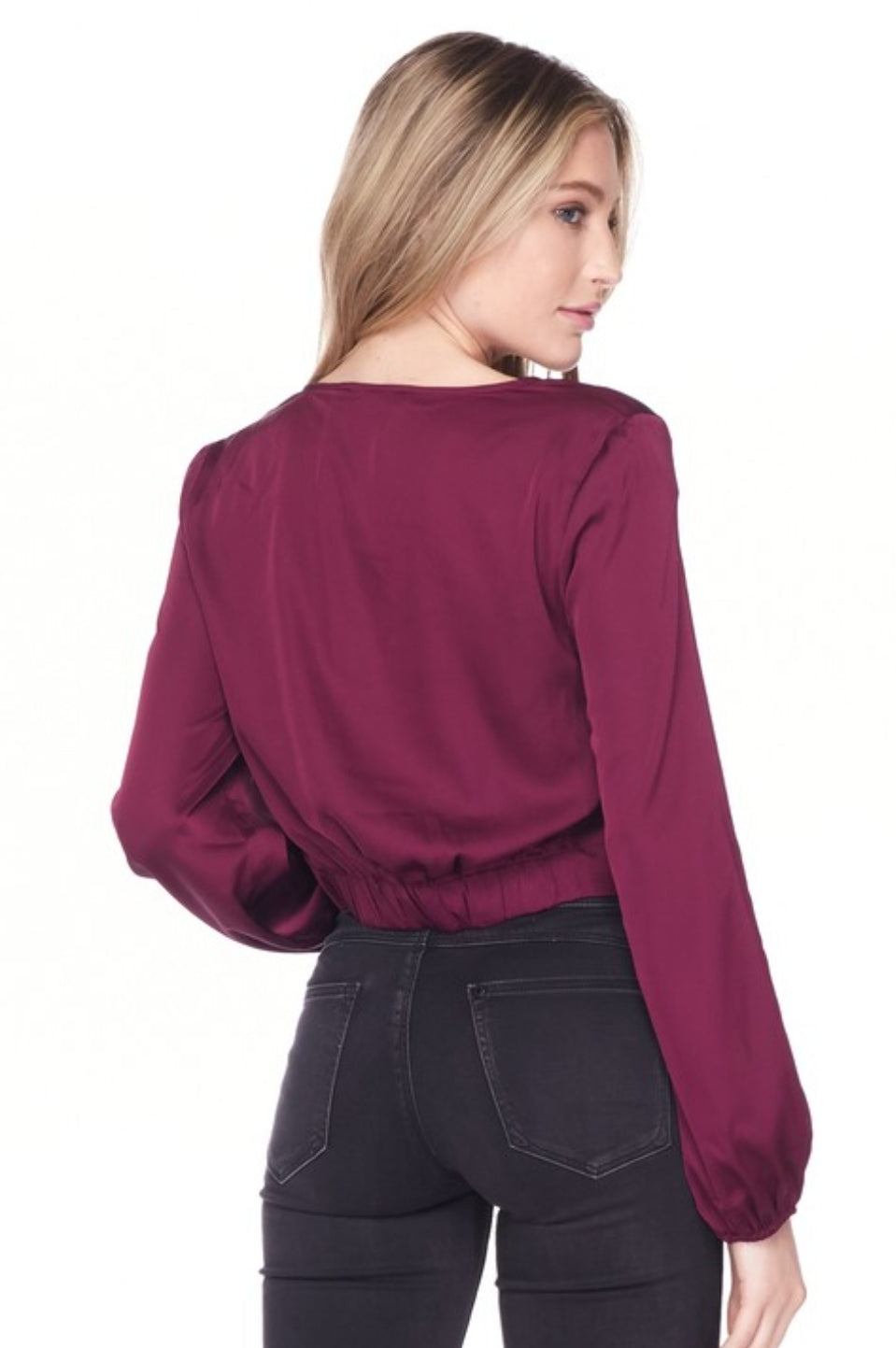 Long Sleeve Satin Feel Tie Front Top