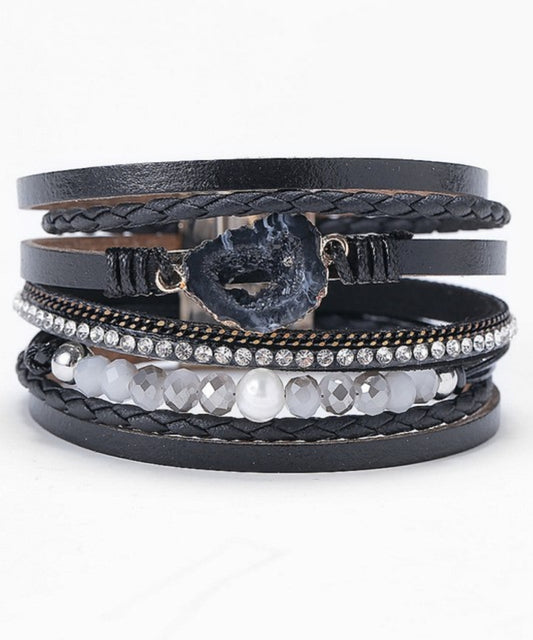 Mutli Strand Black Leather Stone Bracelet