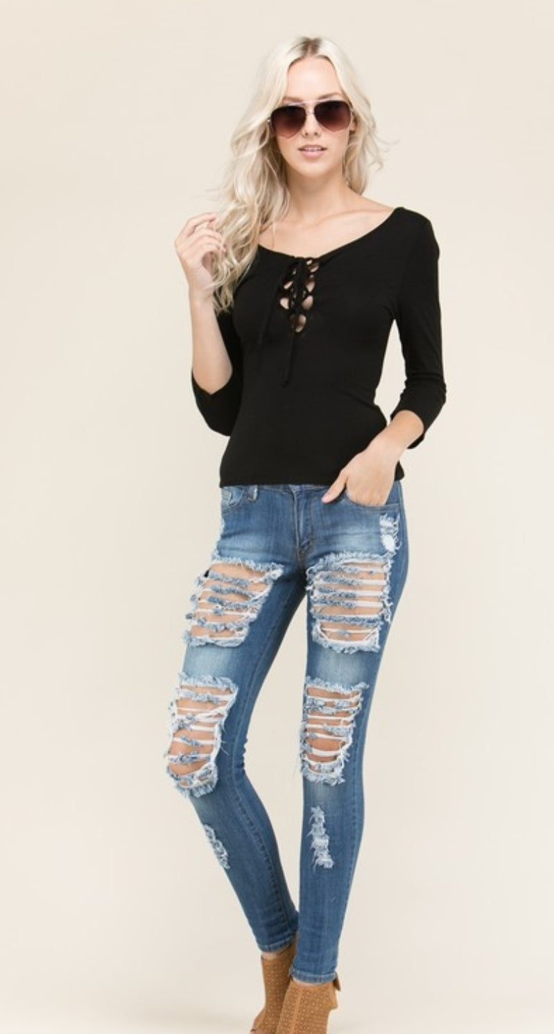 Lace Up Scoop Neck Top