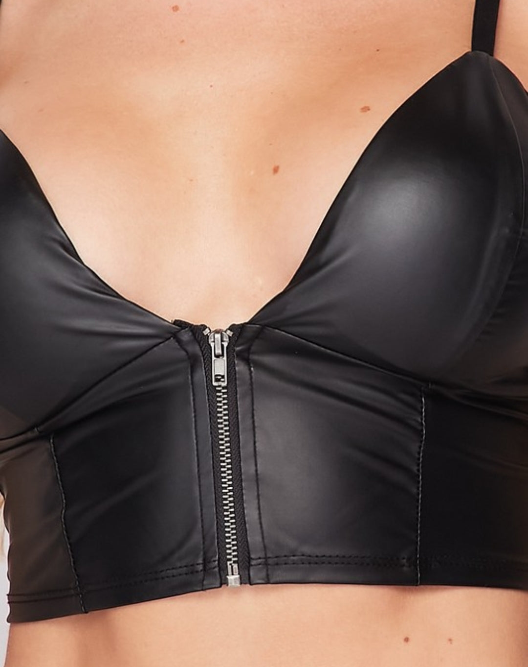 PU Zipper Closure Adjustable Strap Bra Top